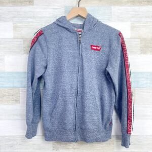 LEVIS Spellout Sleeve Hooded Sweatshirt Gray Full Zip Kangaroo Pocket Boys Large